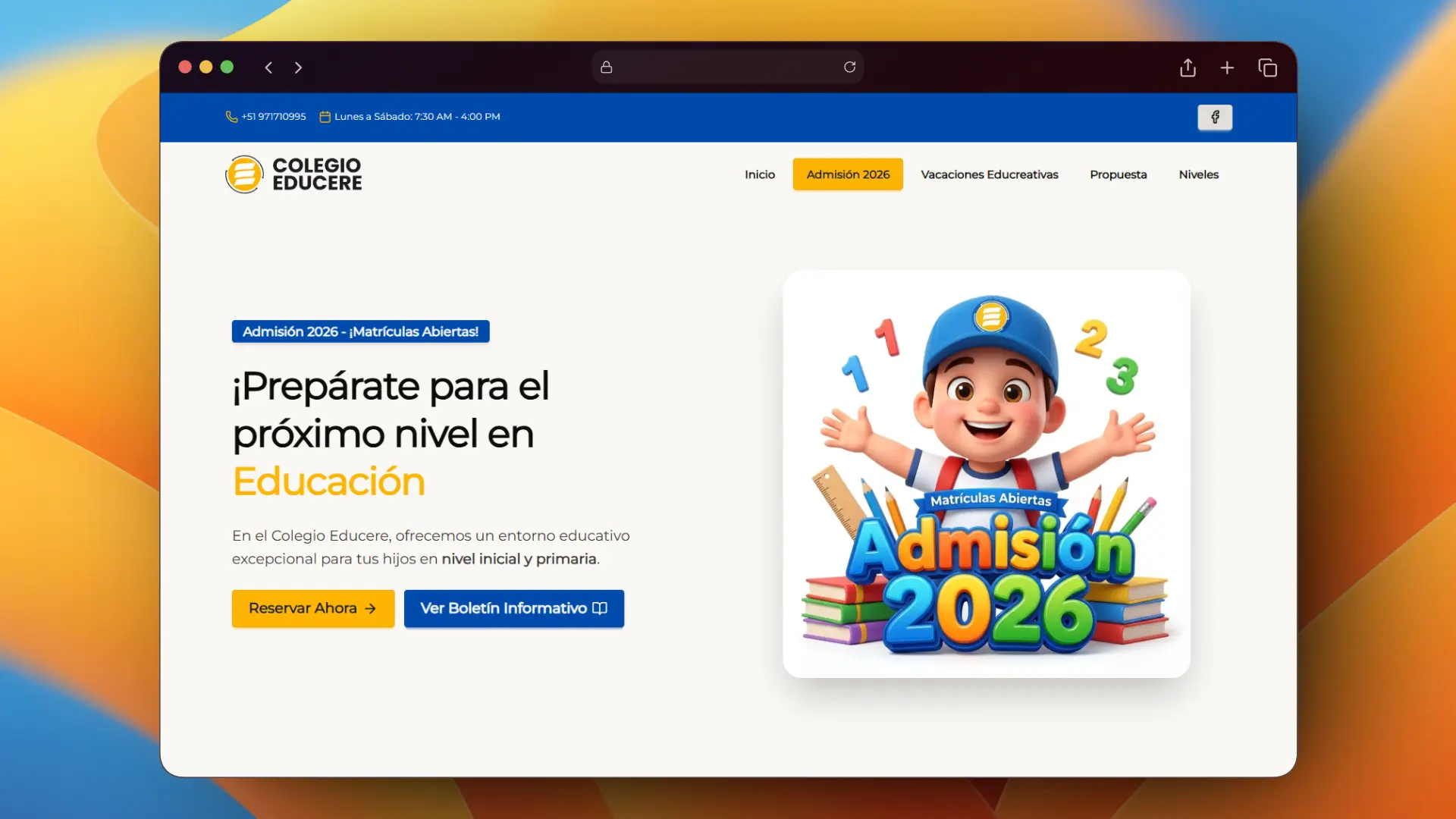 Sección Admisión 2026 del Colegio Educere