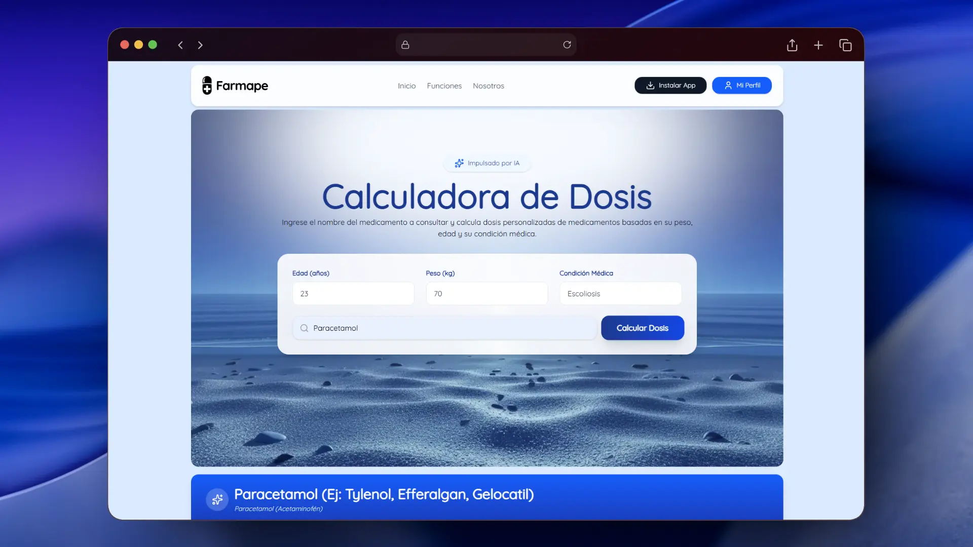 Vista de la función Calculadora de Dosis en Farmape