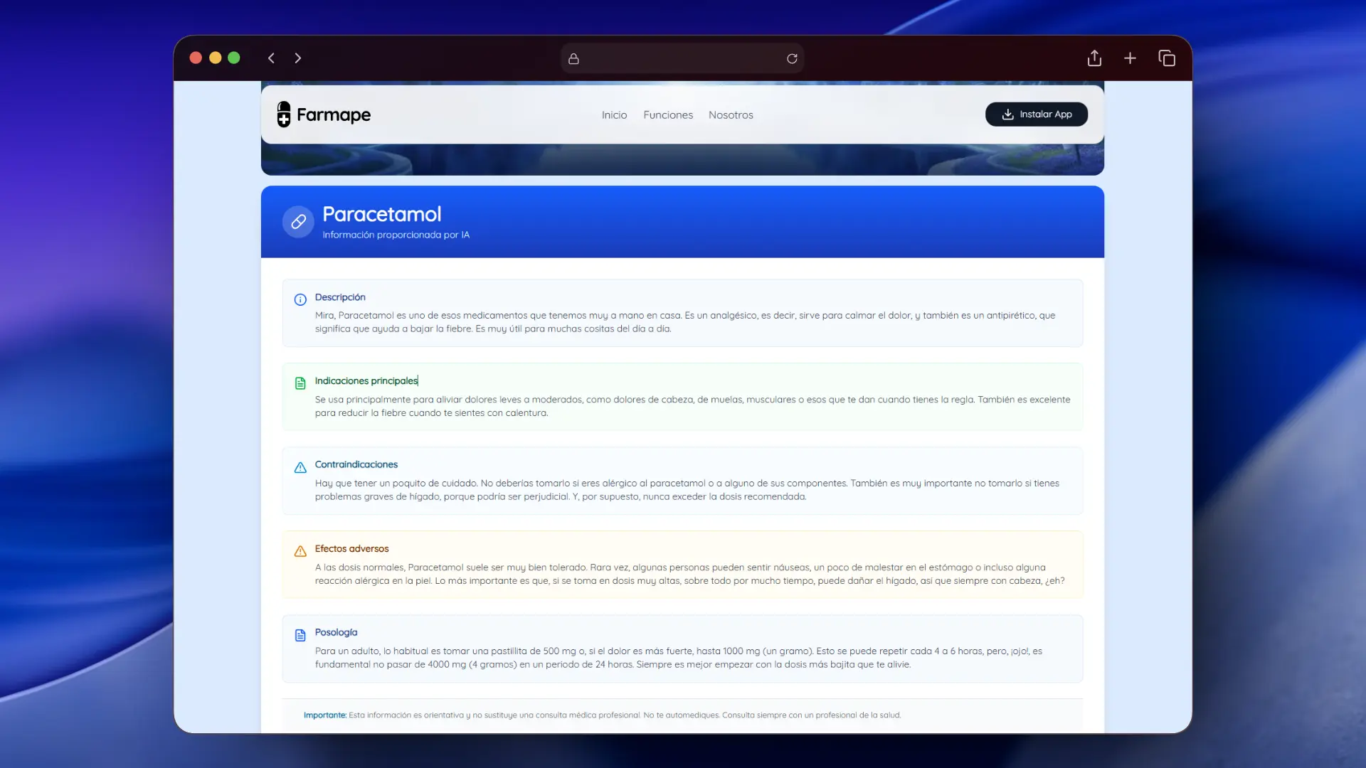 Vista de la función Conoce tu Medicamento en Farmape