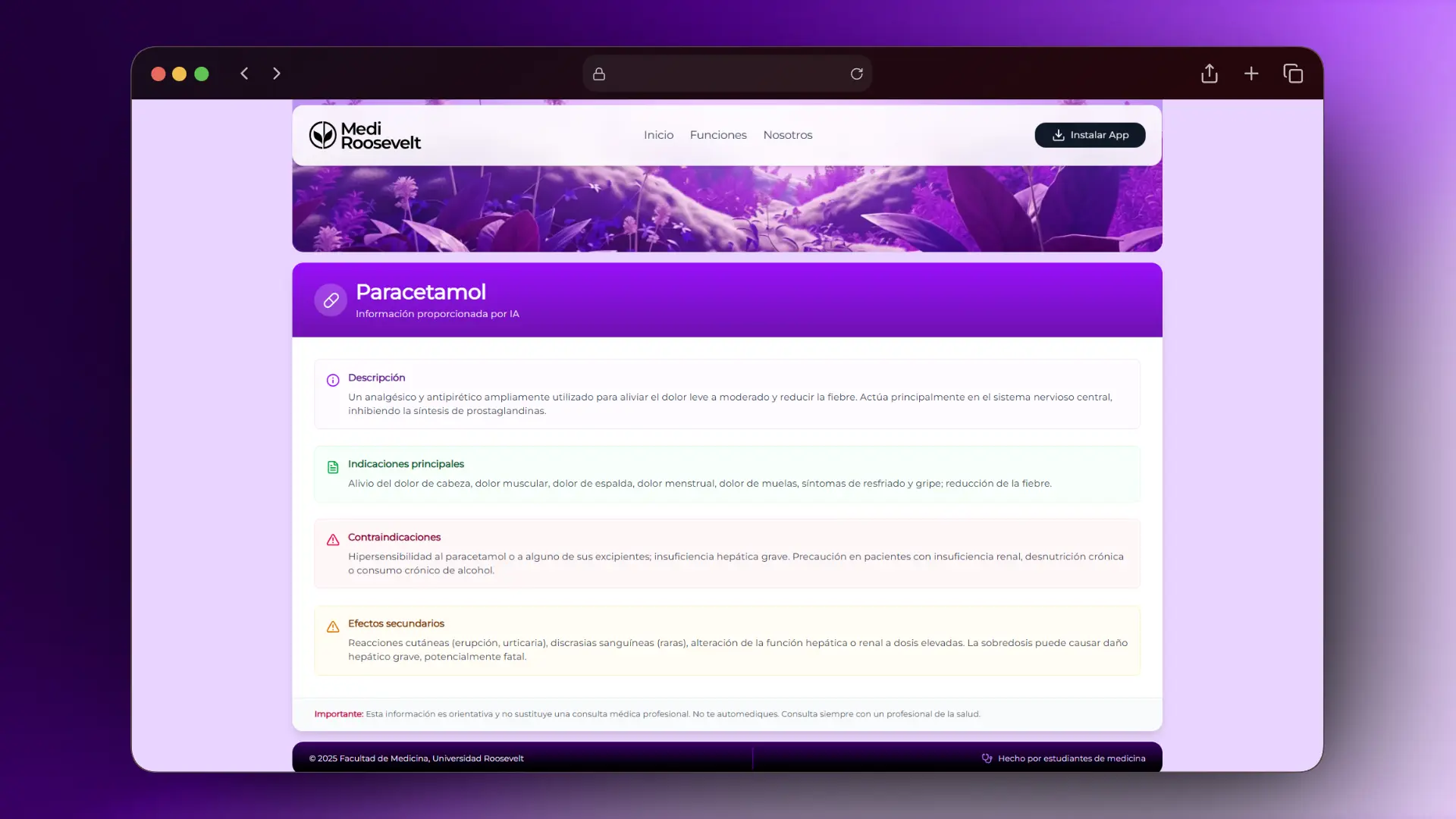 Vista de la función Conoce tu Medicamento en MediRoosevelt