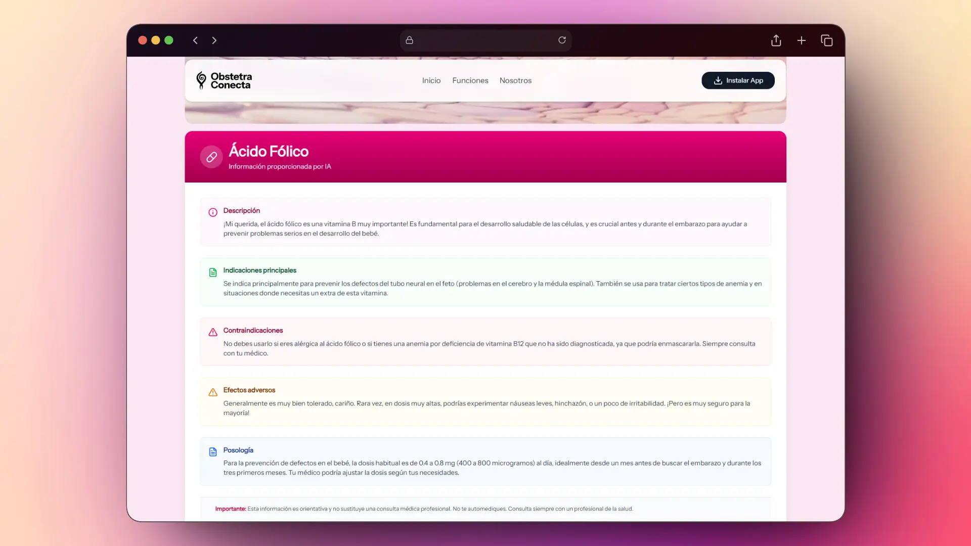 Vista de la función Conoce tu Medicamento en ObstetraConecta