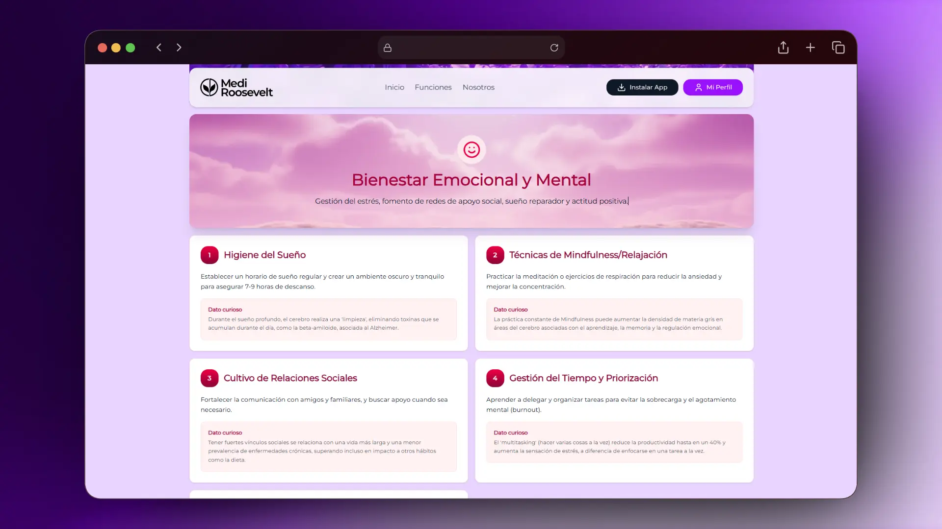 Vista de la sección Consejos de Salud en MediRoosevelt