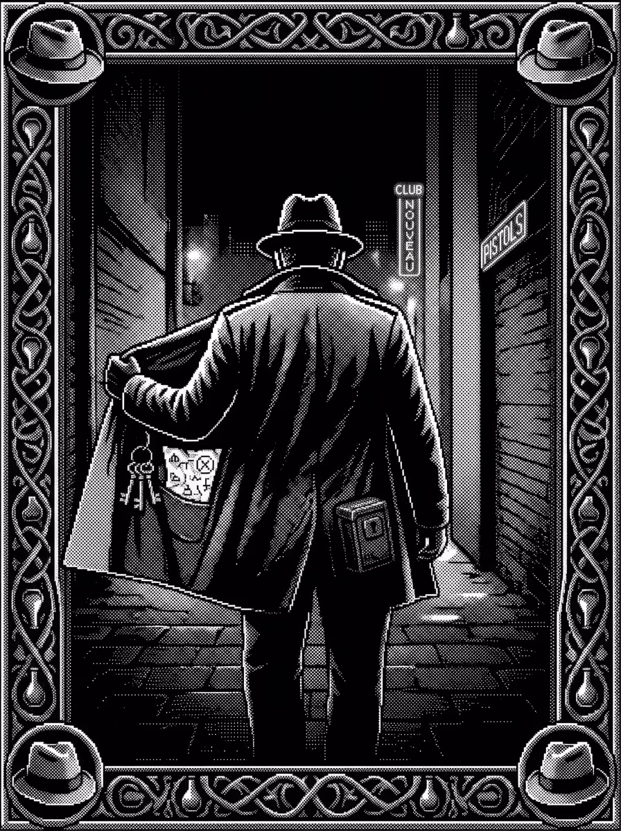 Ilustración de un detective de espaldas abriendo su abrigo como archivo clasificado