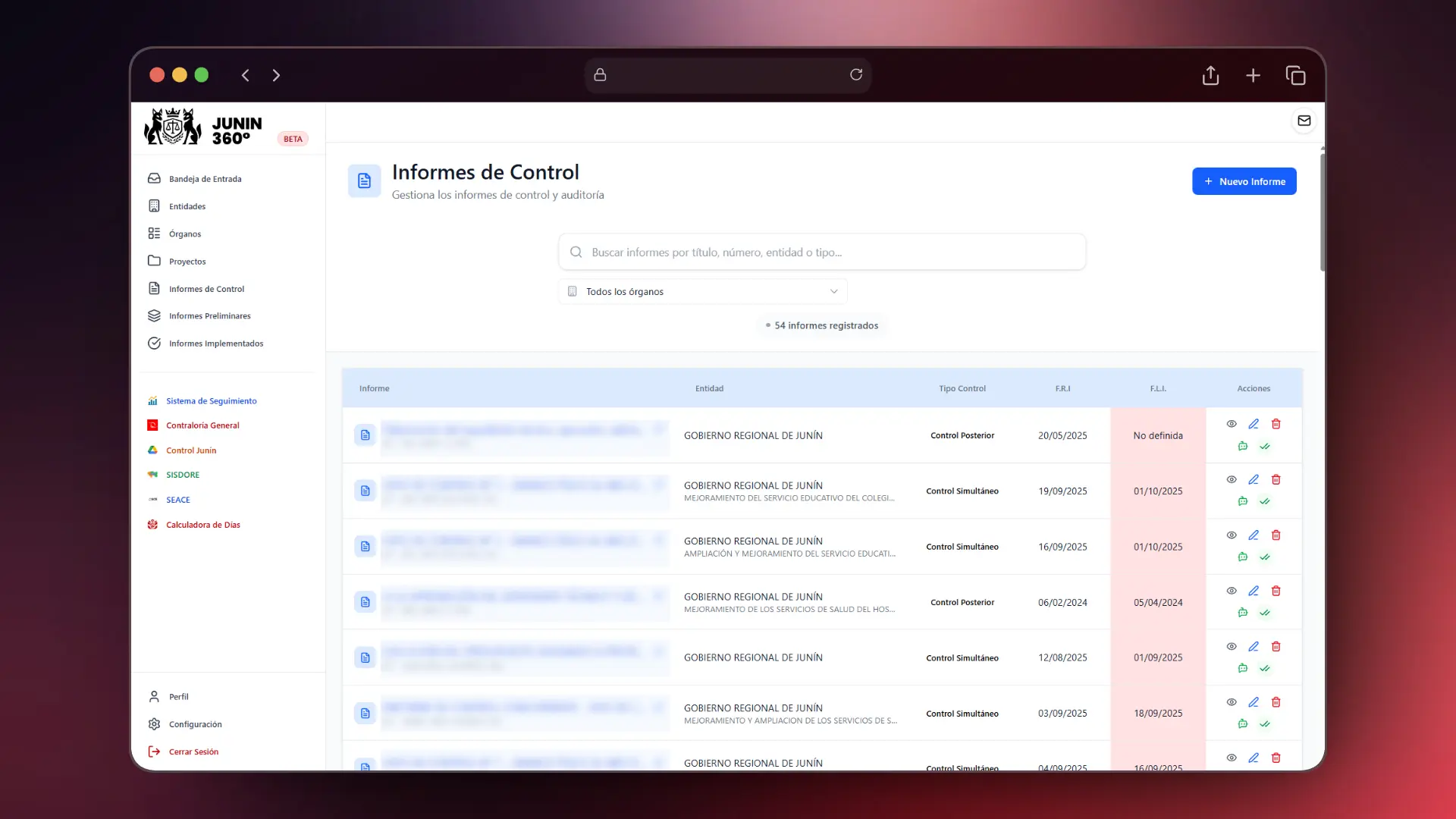 Vista de la Tabla de los Informes de Control