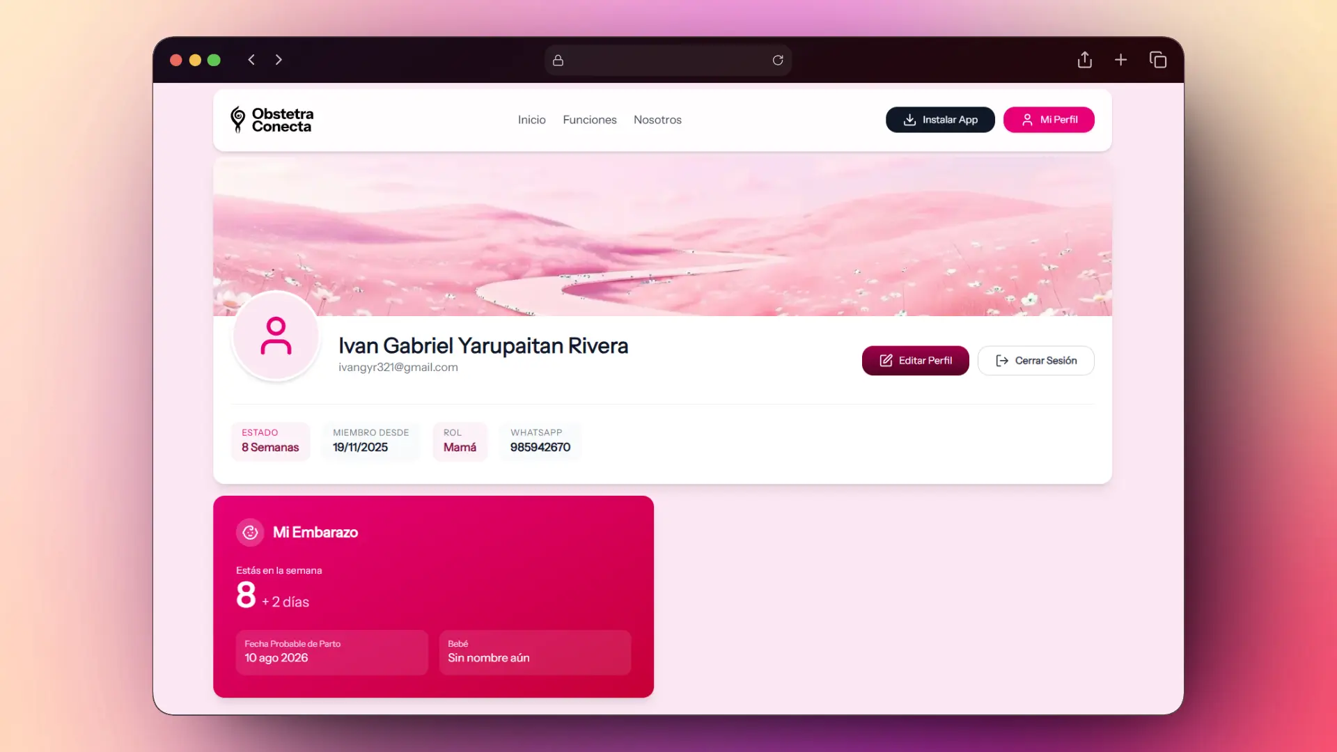 Vista del Perfil de Usuario en ObstetraConecta