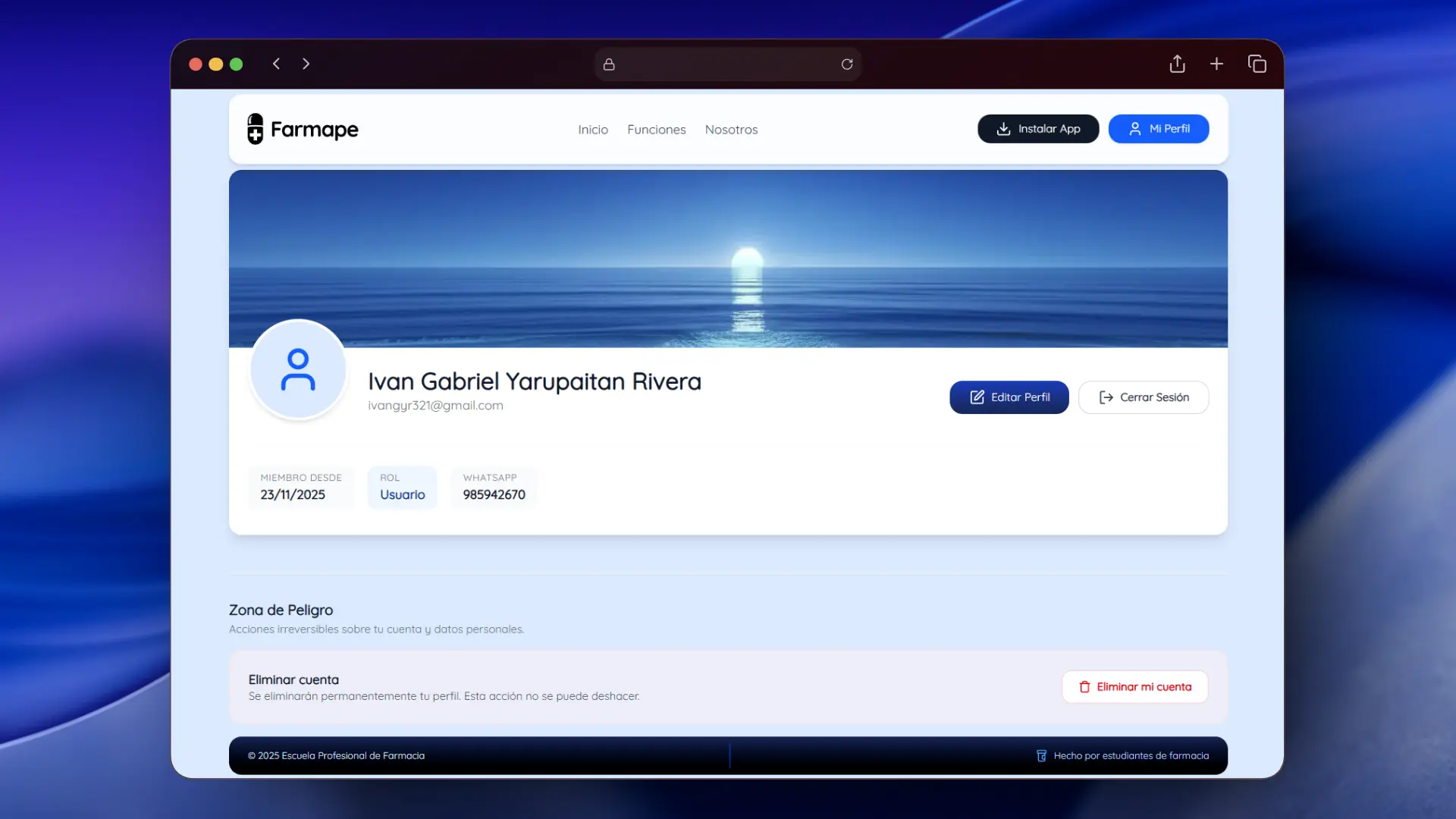 Vista del Perfil de Usuario en Farmape