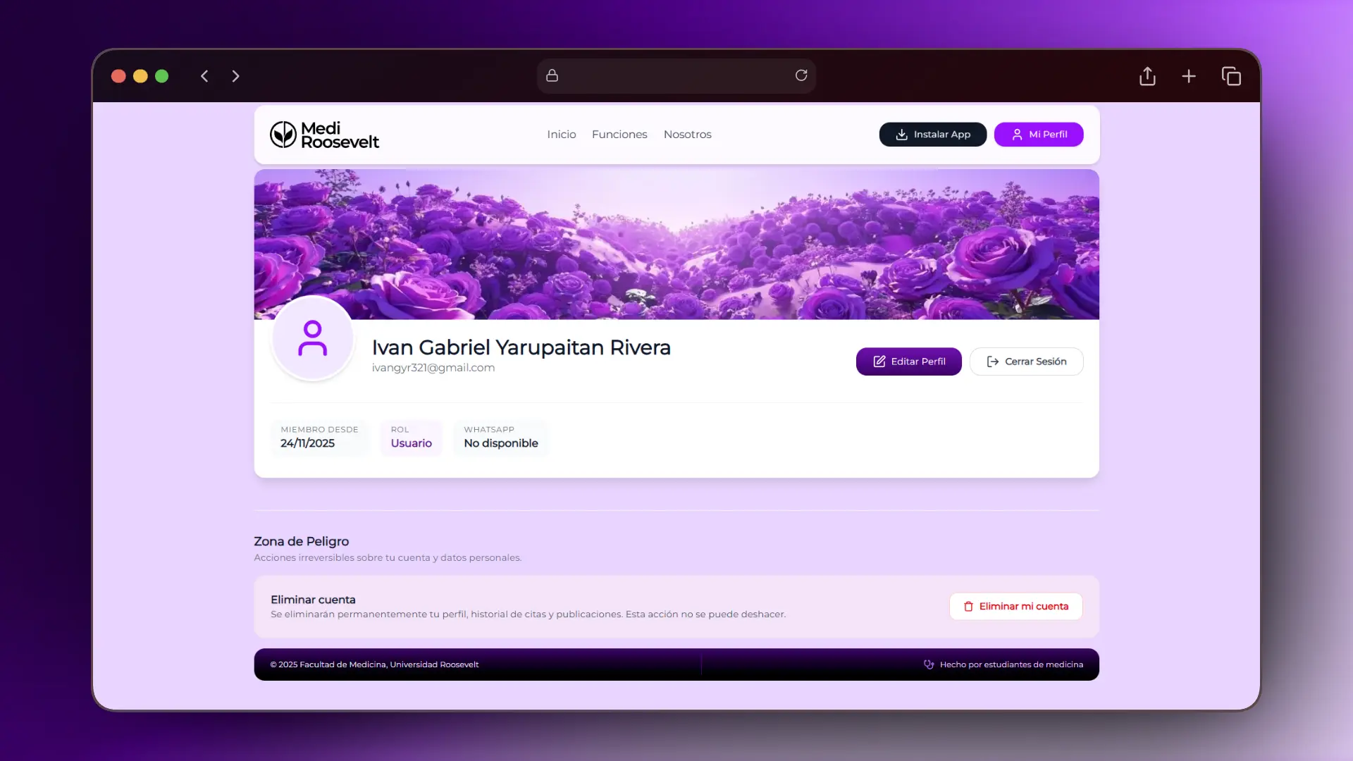 Vista del Perfil de Usuario en MediRoosevelt