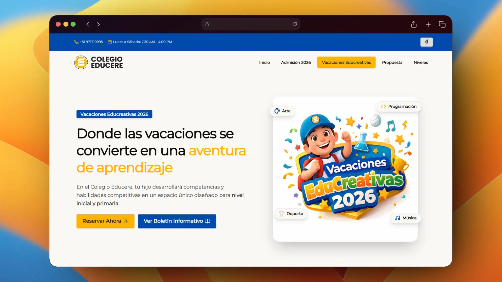 Sección Vacaciones 2026 del Colegio Educere